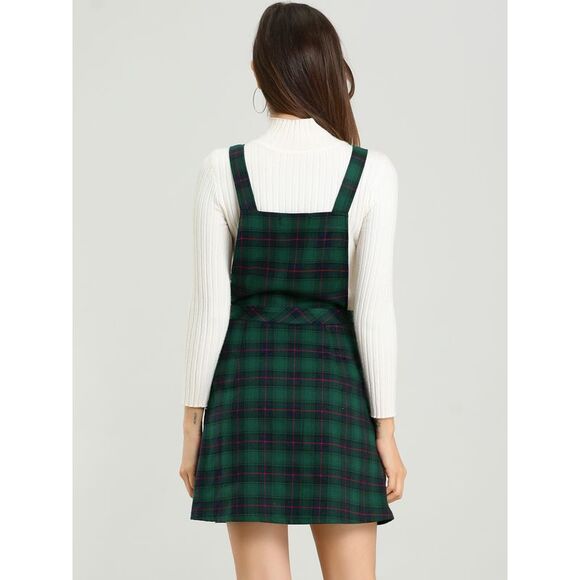 Plaid Tartan Button Decor A-Line Pinafore Overall Dress Green - Picture 5 of 6
